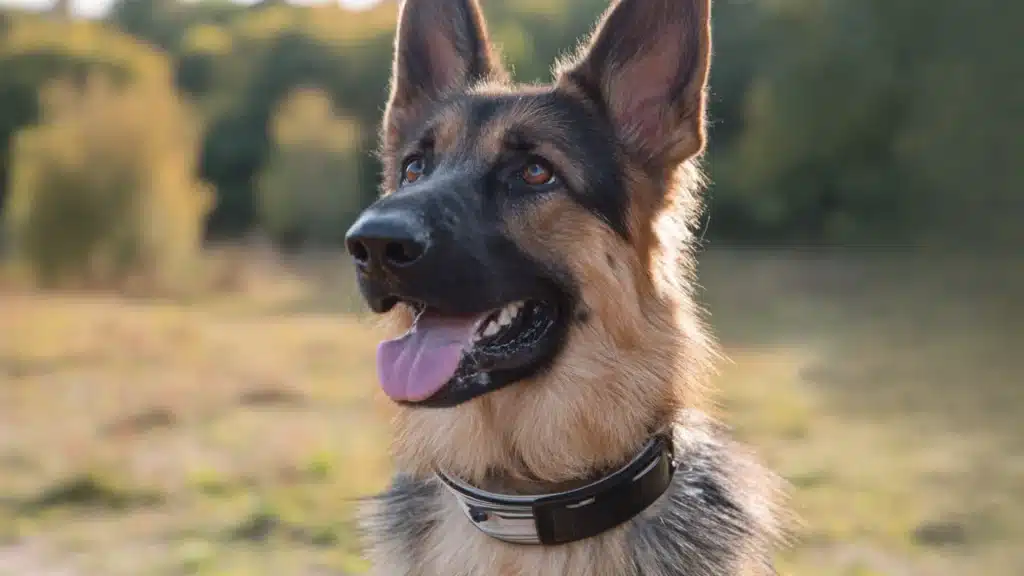 A German Shepherd dog in the grass equipped with a shock collar stands attentively as a part of dog shock collar training