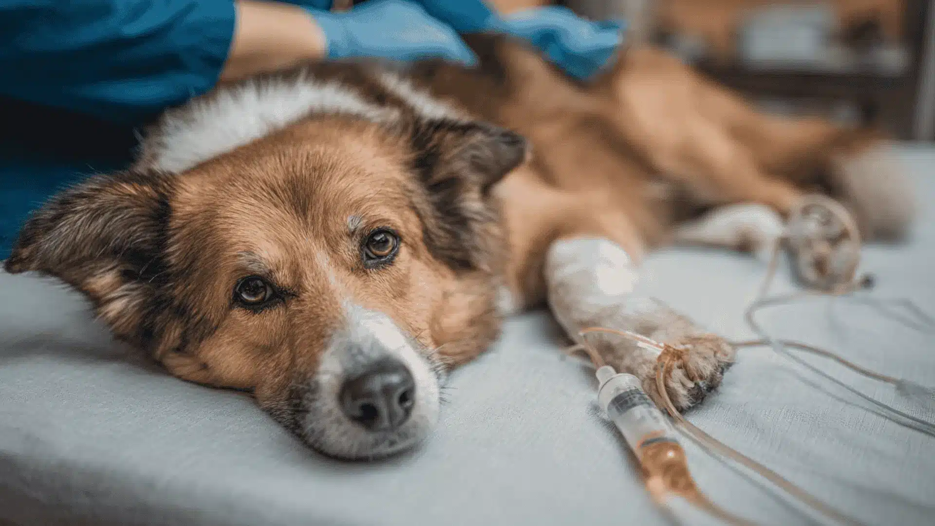 A dog resting on a table with an IV illustrating a non-surgical treatment for bowel obstruction in dogs