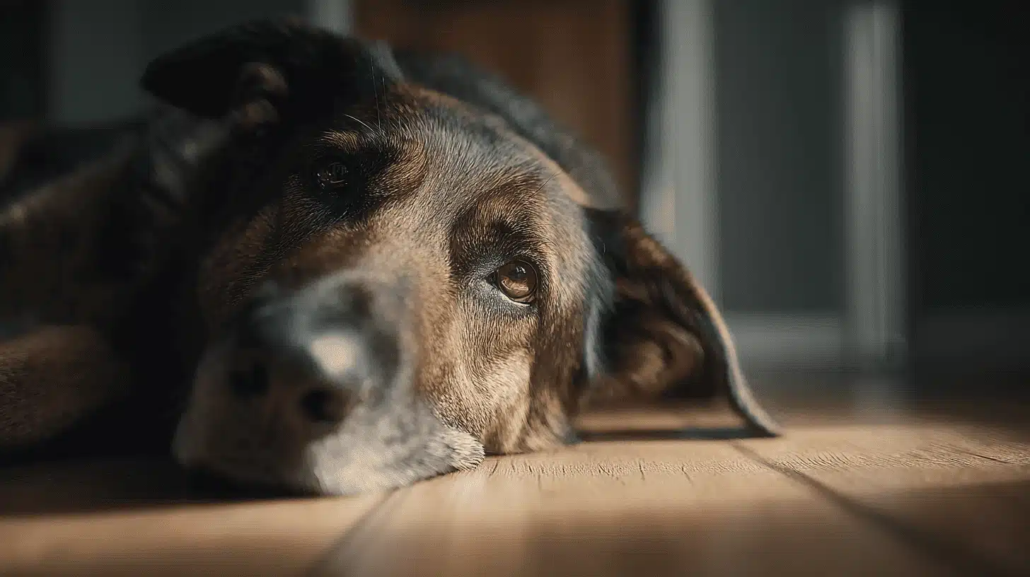 A dog resting on the floor in a cozy room, surrounded by soft lighting and simple decor