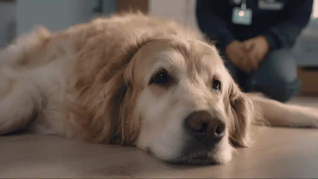 A golden retriever lying on the floor at the vet showing signs of distress due to bowel obstruction in dogs