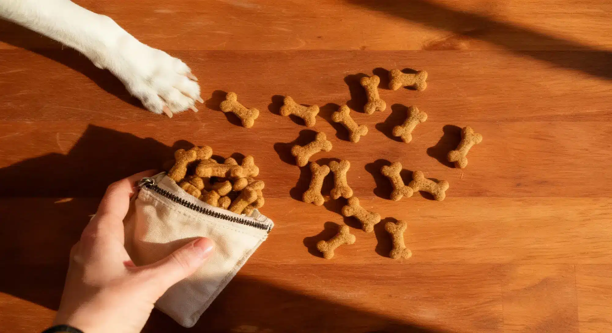 A hand reaching into a bag labeled Best Dog Treat Pouch to grab dog treats