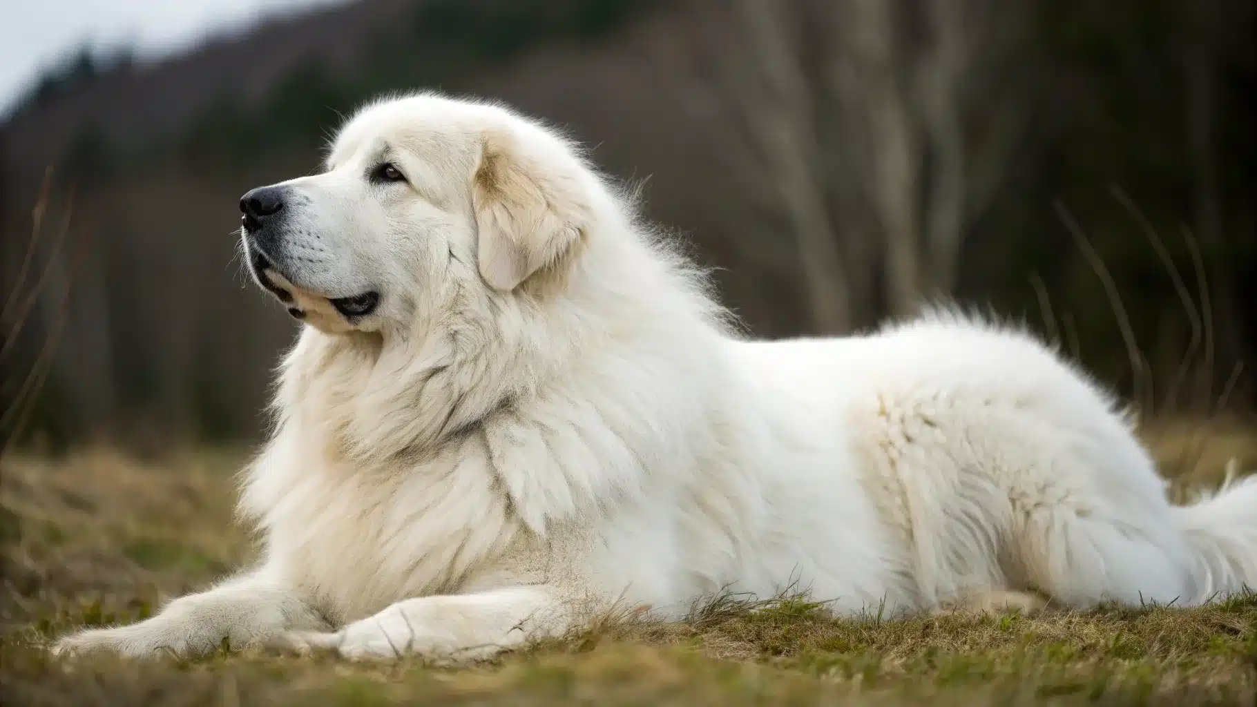 A large white dog, a Great Pyrenees, sprawled in the grass, reflecting its serene and loving behavior