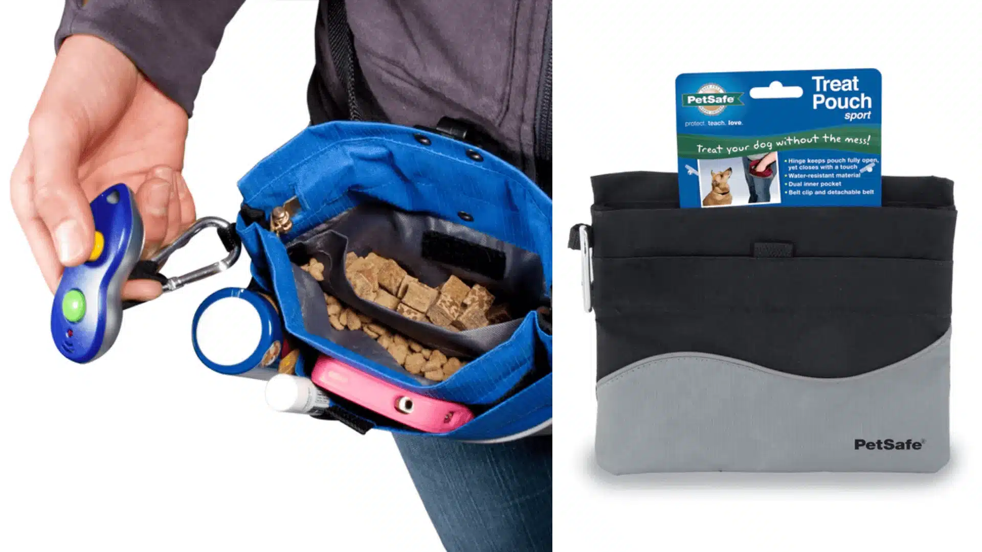 A person holds a PetSafe Treat Pouch Sport with dog stuff inside the bag