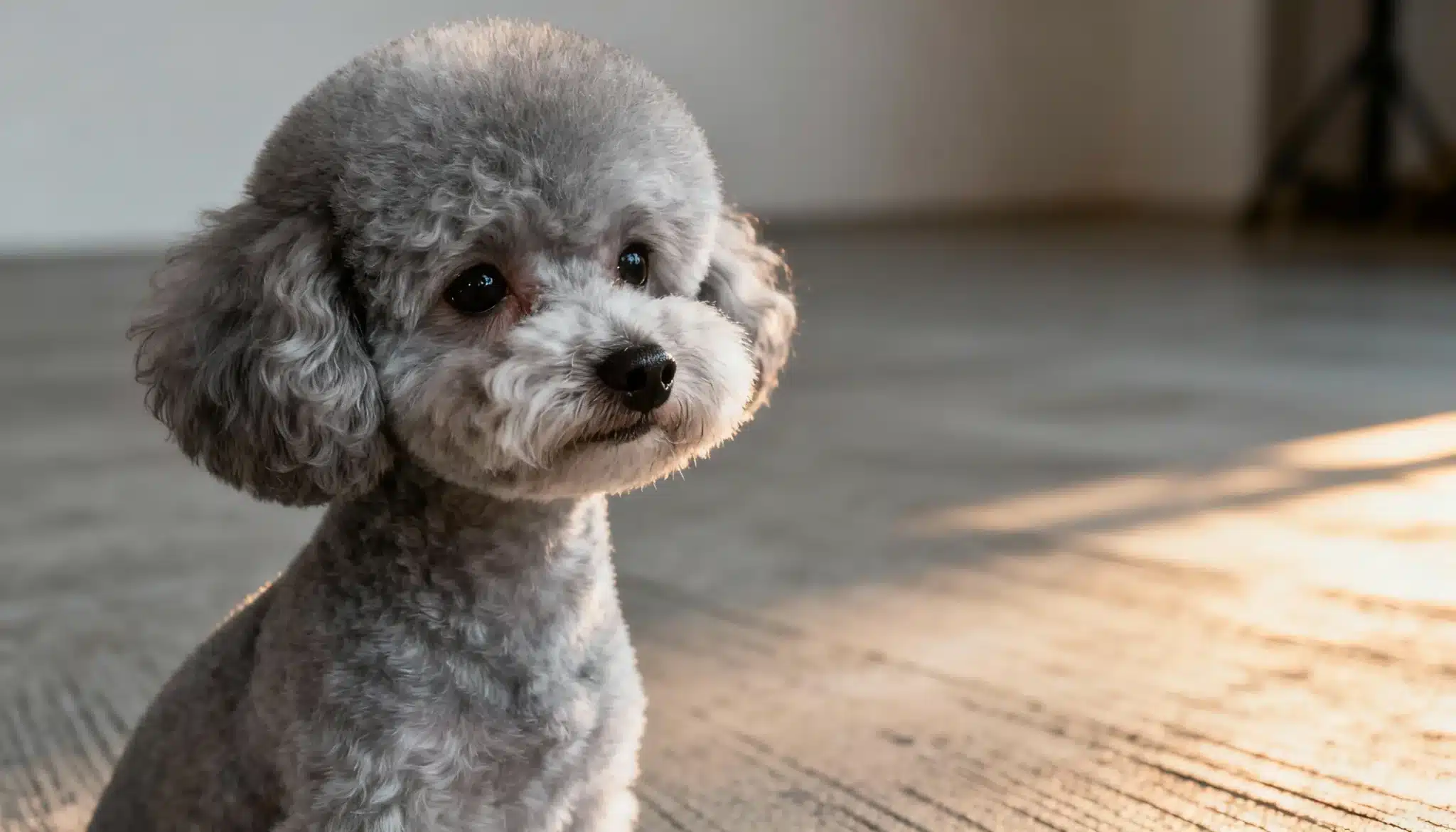 A poodle with a Scandinavian haircut sits on the floor illuminated by sunlight streaming in the background