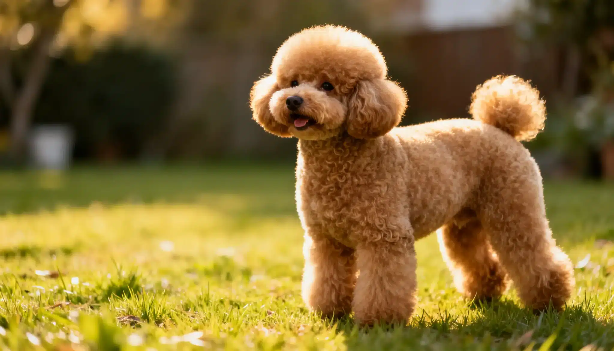 A poodle with a fluffy Dutch cut stands on a sunlit lawn, featuring a round head and a pom-pom tail