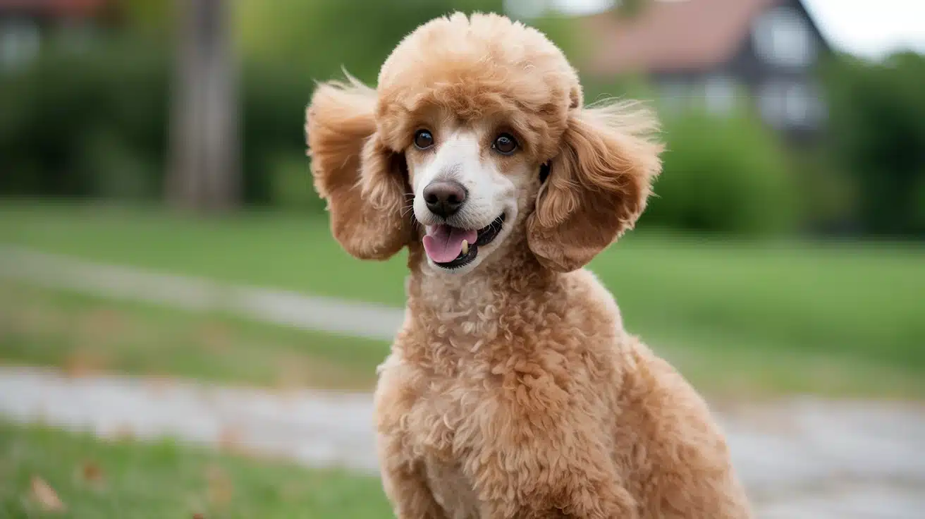 A poodle with a kennel cut sitting on the grass in front of a house enjoying the sunny day