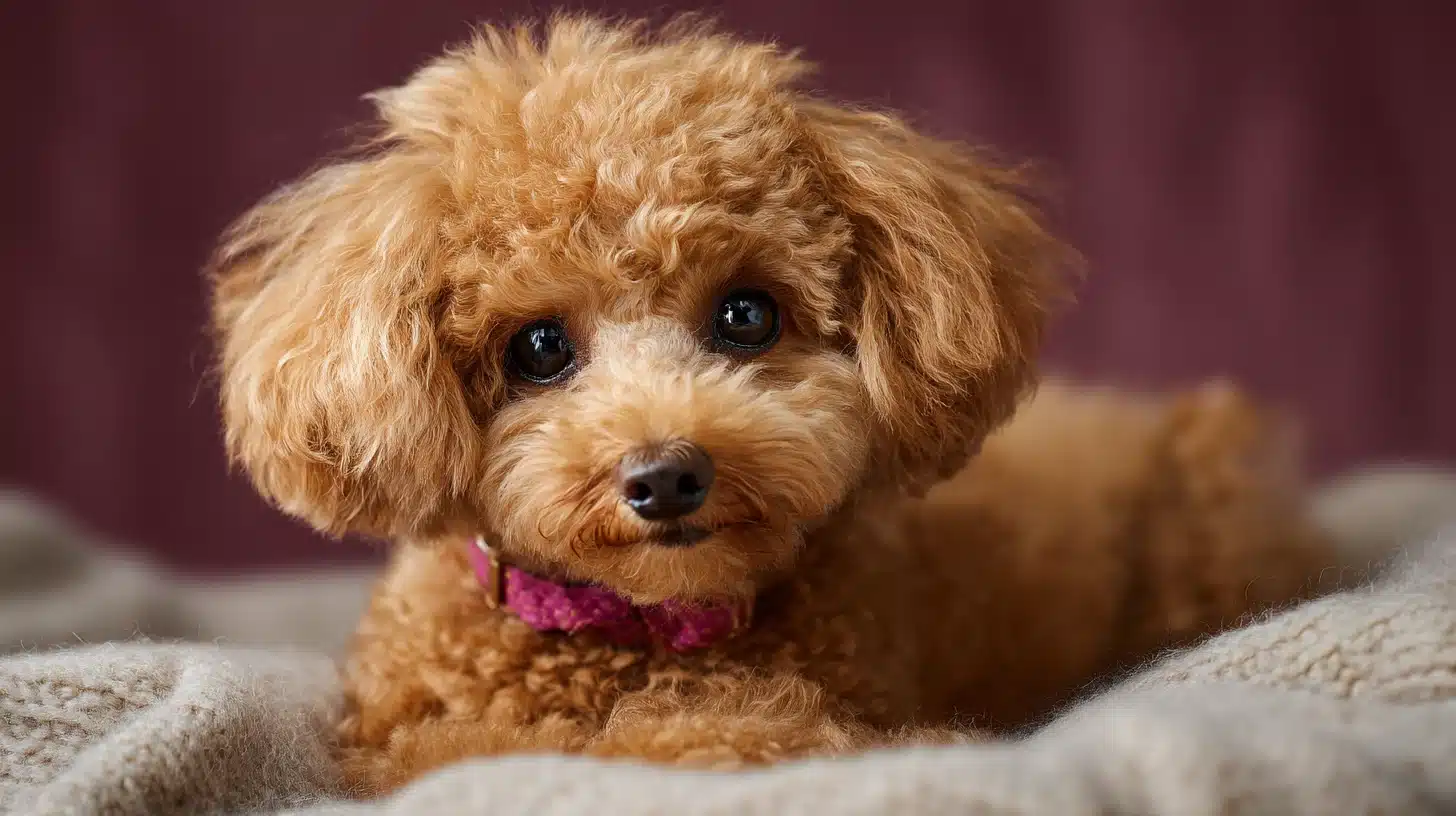 A short-haired brown poodle sits comfortably on a blanket showcasing its neat puppy haircut
