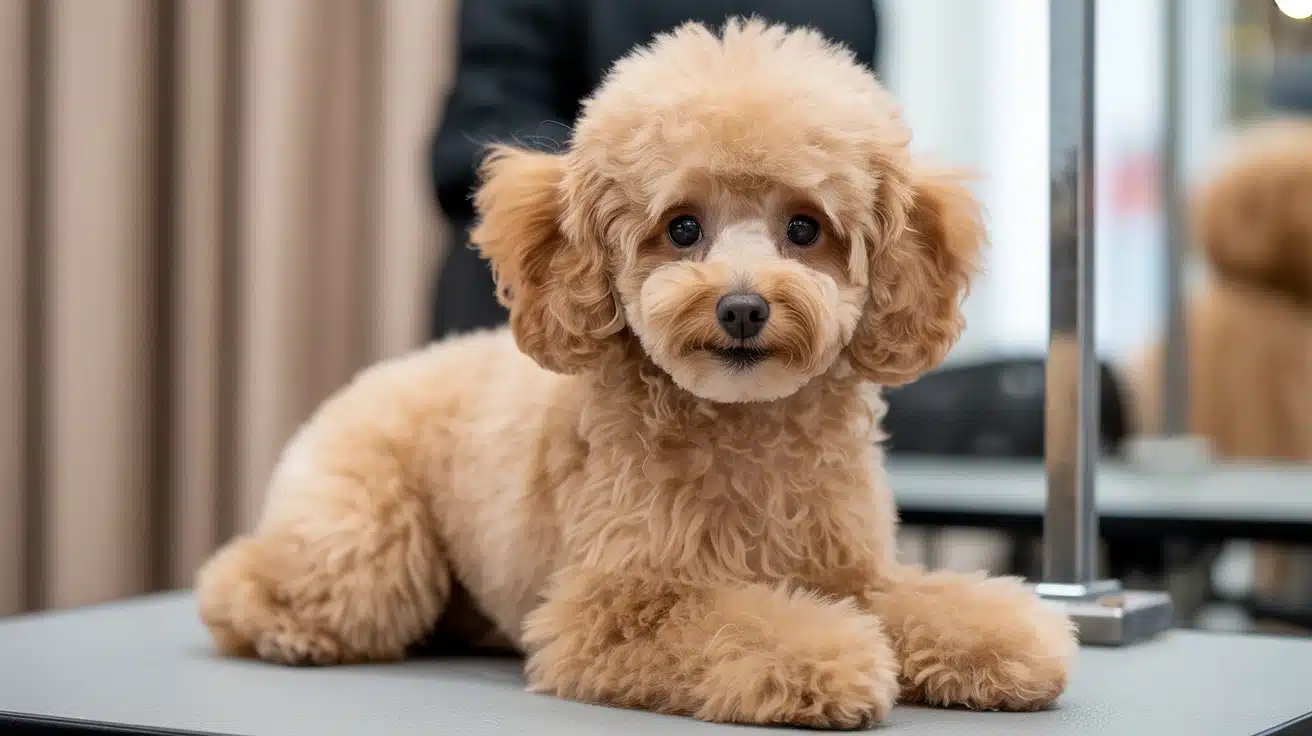 A small brown poodle with a teddy haircut sitting on a table looking curiously at its surroundings