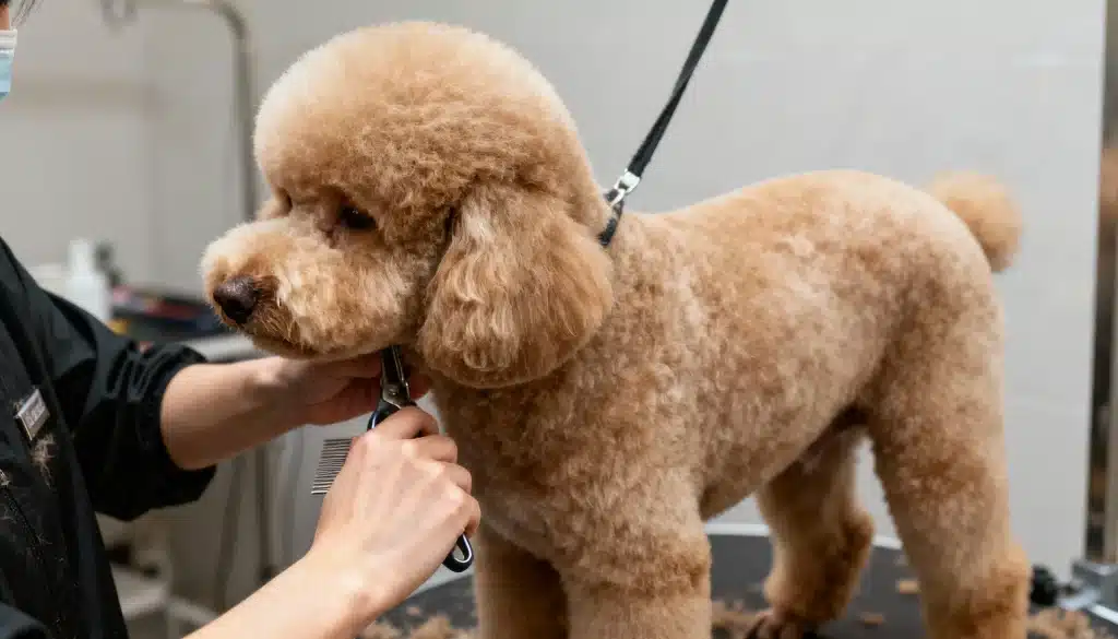 A small brown short poodle, with a haircut, gazing around with an attentive expression, showcasing short poodle haircuts