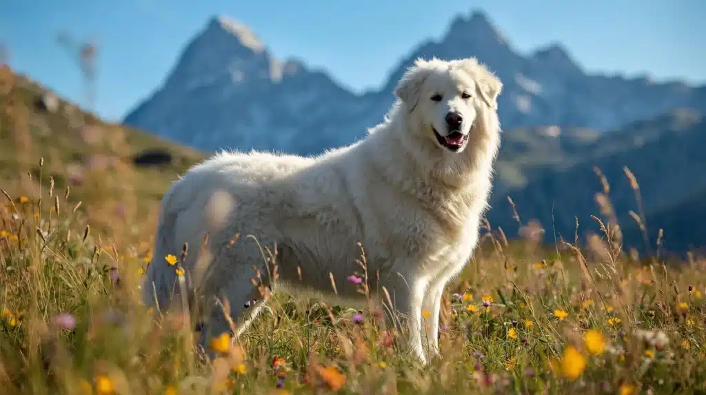 A white Great Pyrenees dog stands in a grassy field with mountains in the background, showcasing its calm demeanor