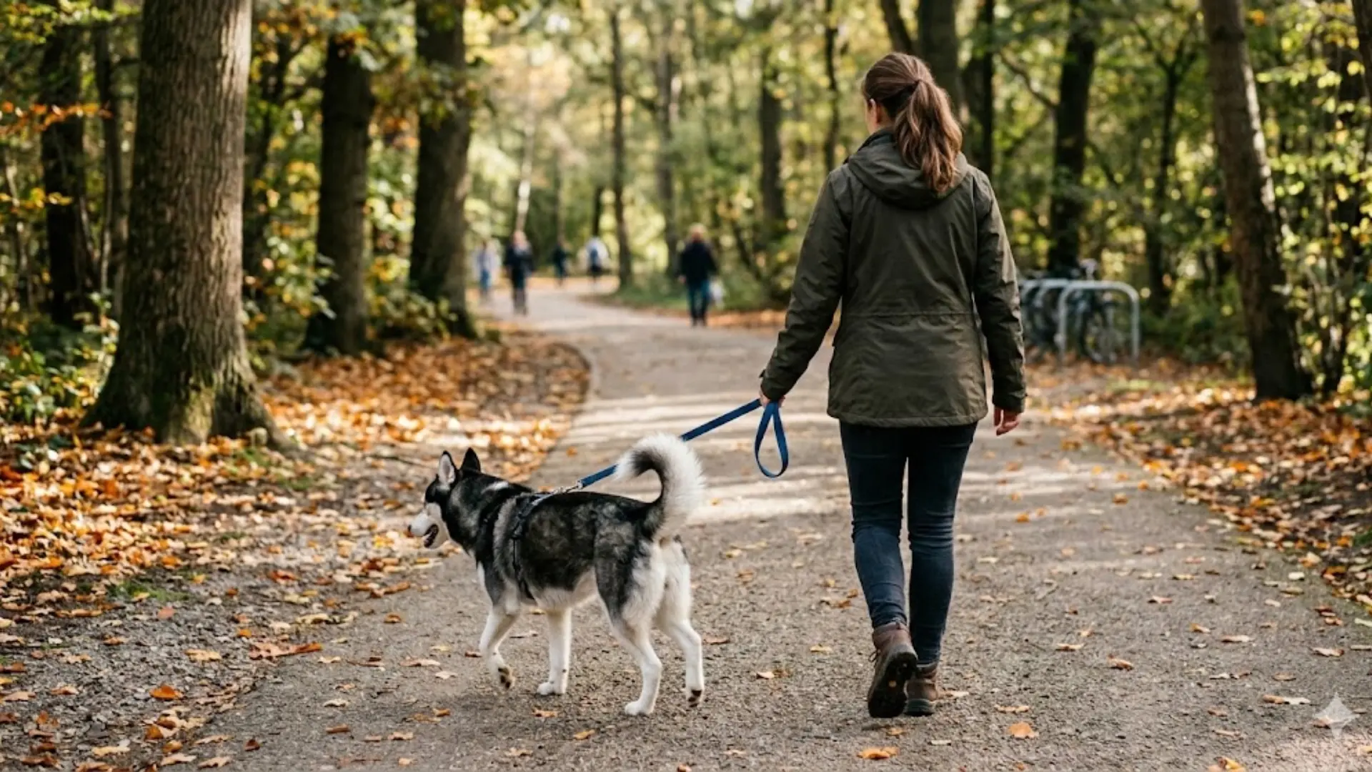 A woman in an olive jacket walks a black and white dog on a leash in an autumn park