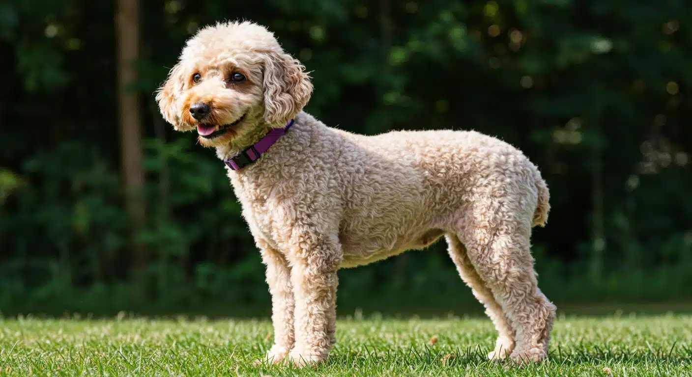 An apricot poodle with a curly lamb cut stands on green grass, wearing a purple leash against a forest backdrop
