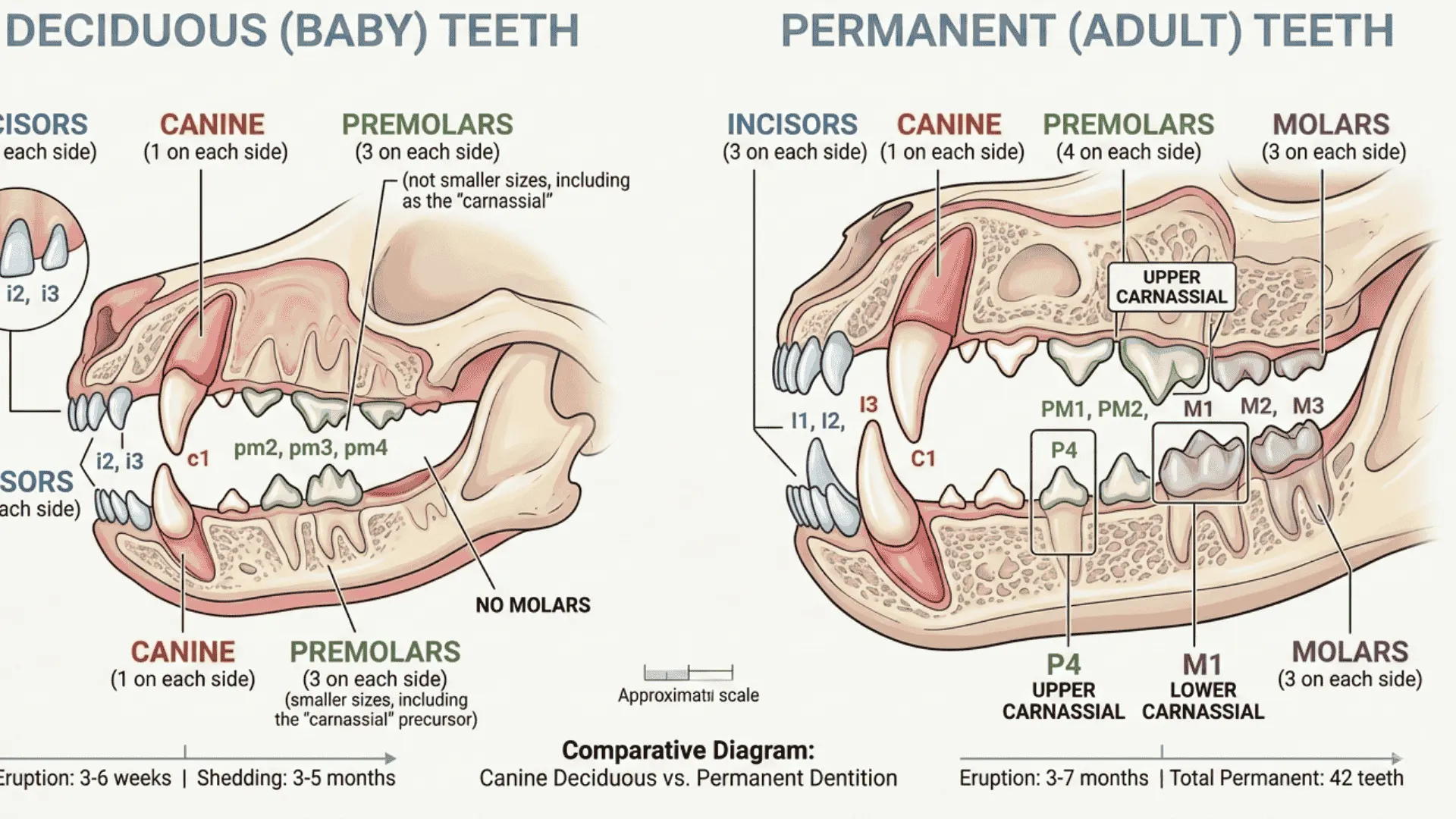 Comparative diagram illustrating the anatomical differences between canine deciduous (baby) and permanent (adult) teeth structures