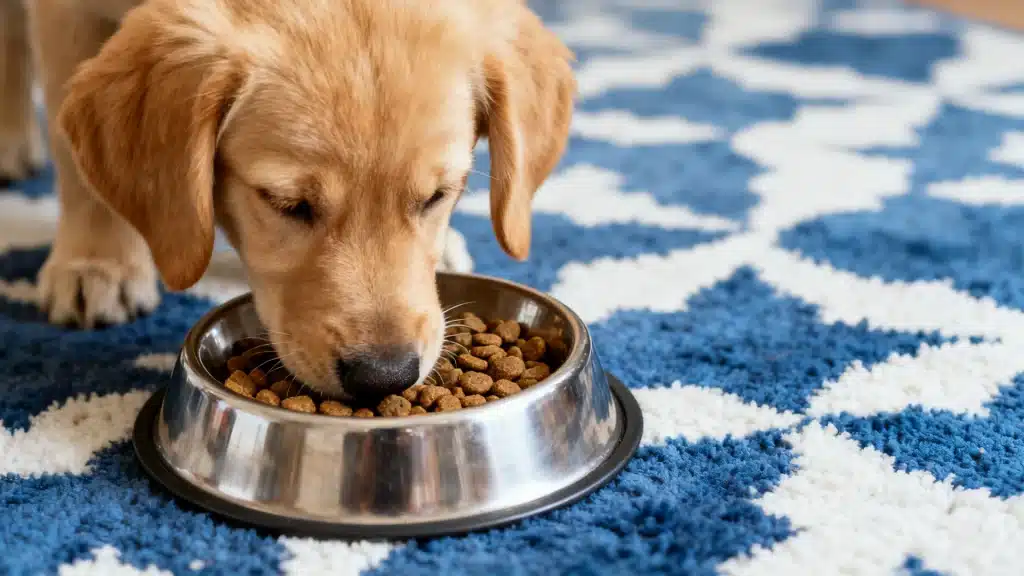 Golden Labrador puppy intently eating brown kibble from a stainless steel bowl on a blue and white patterned rug