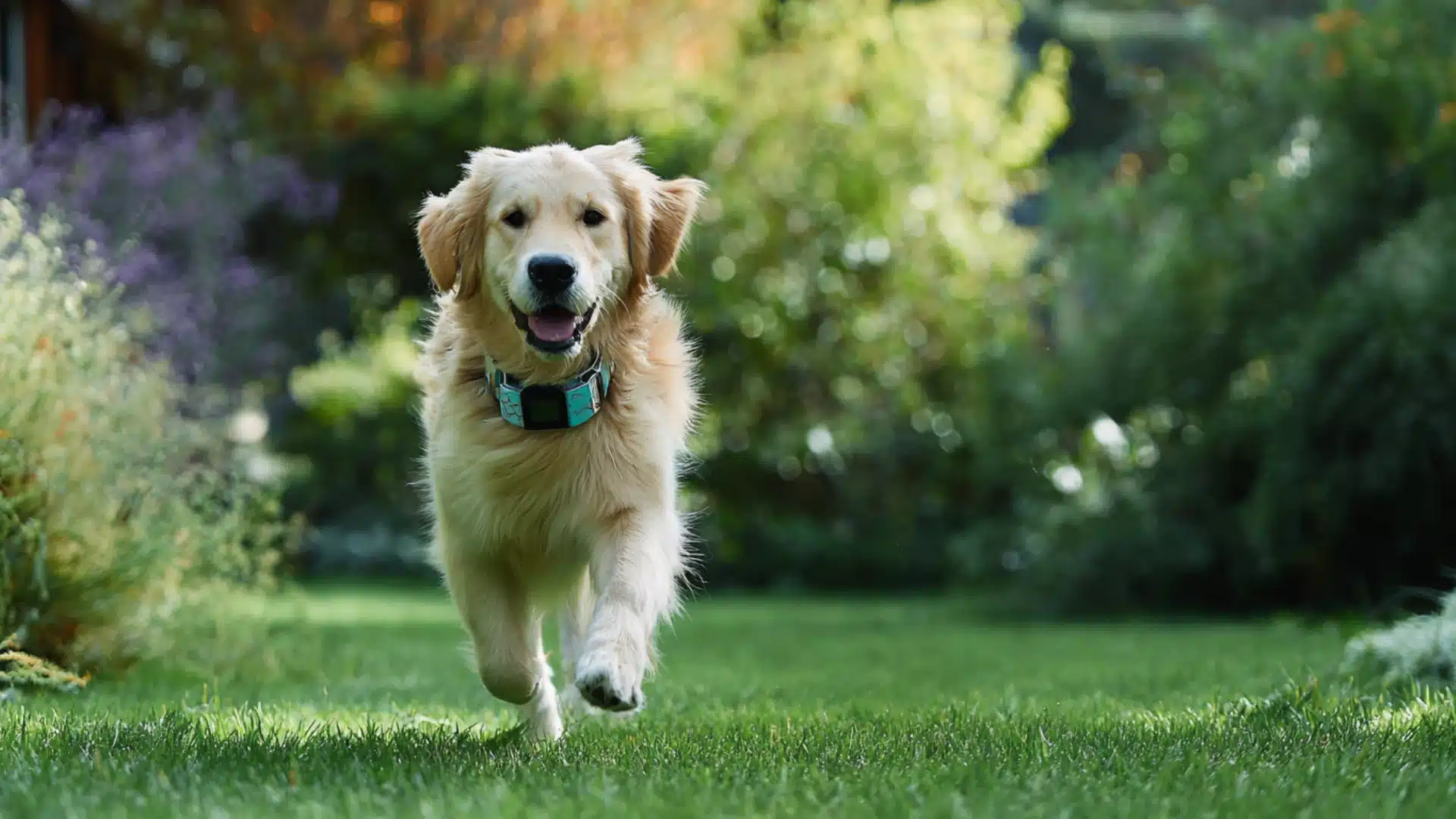 Happy Golden Retriever wearing a blue and black E collar runs directly toward the camera across a bright green lawn with lush foliage in the background