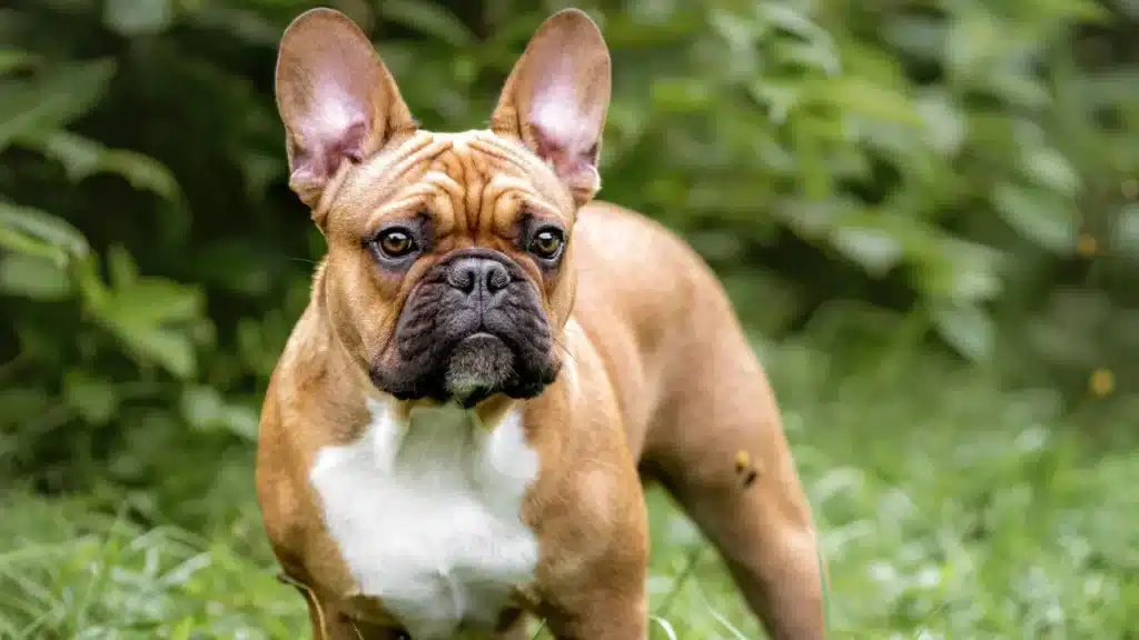 A fawn and white French Bulldog with upright ears stands attentively in lush green foliage outdoors.