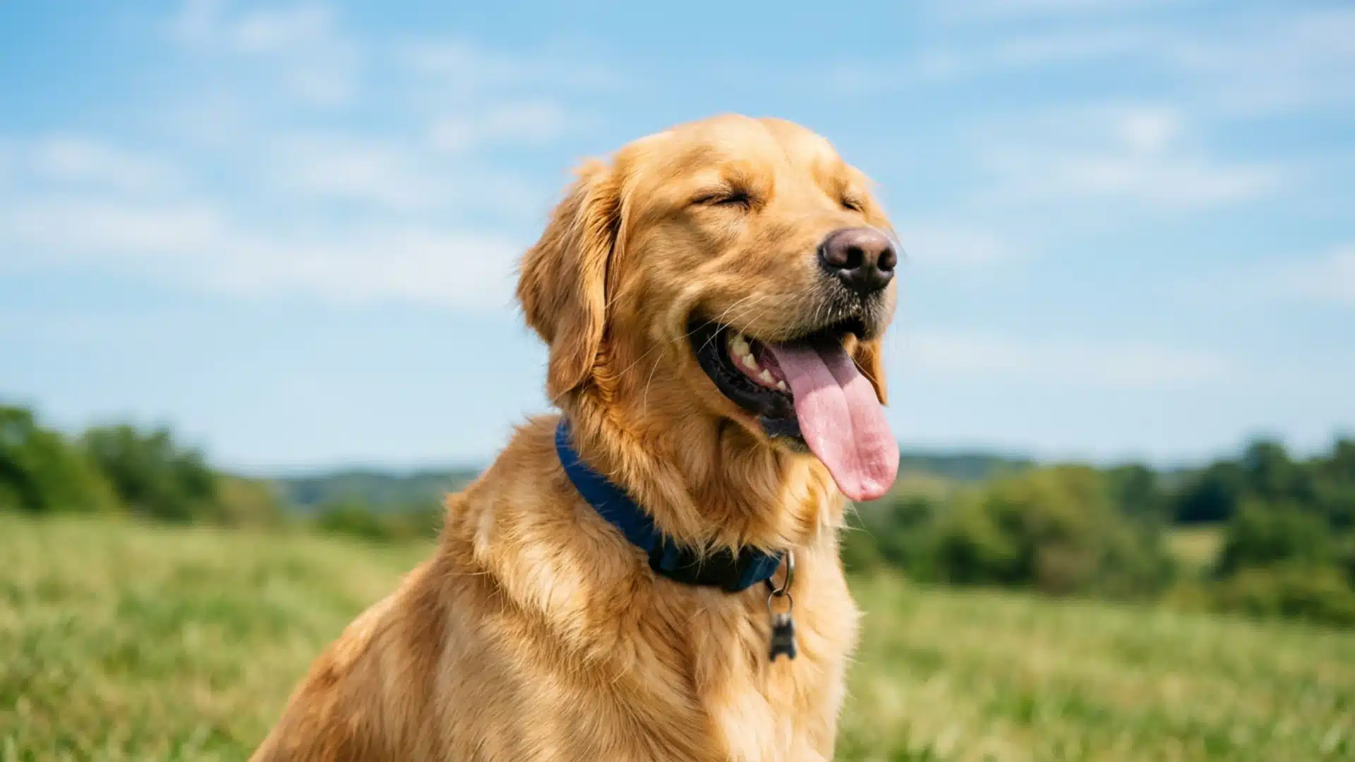 A golden retriever with his tongue out, sitting happily in a green field under clear blue sky