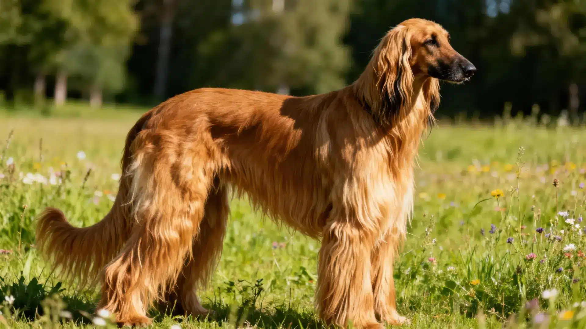 A majestic Afghan Hound with long, reddish-gold fur stands alertly in a sunlit field dotted with wildflowers