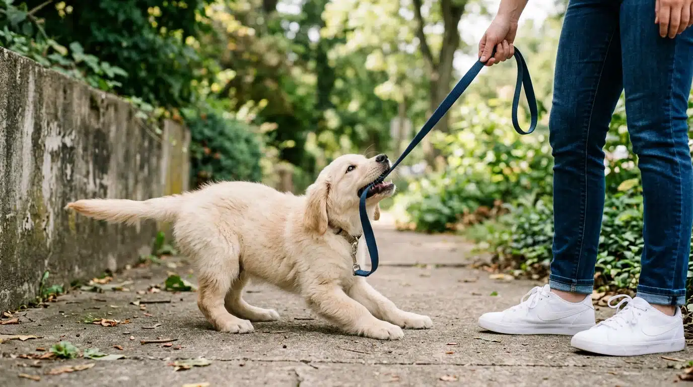 A playful Golden Retriever puppy chews on a blue leash while standing on a sidewalk next to a person
