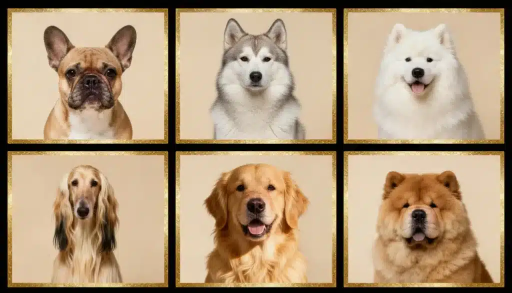 A series of six images presents some of the most expensive dog breeds, each showcasing their unique features.