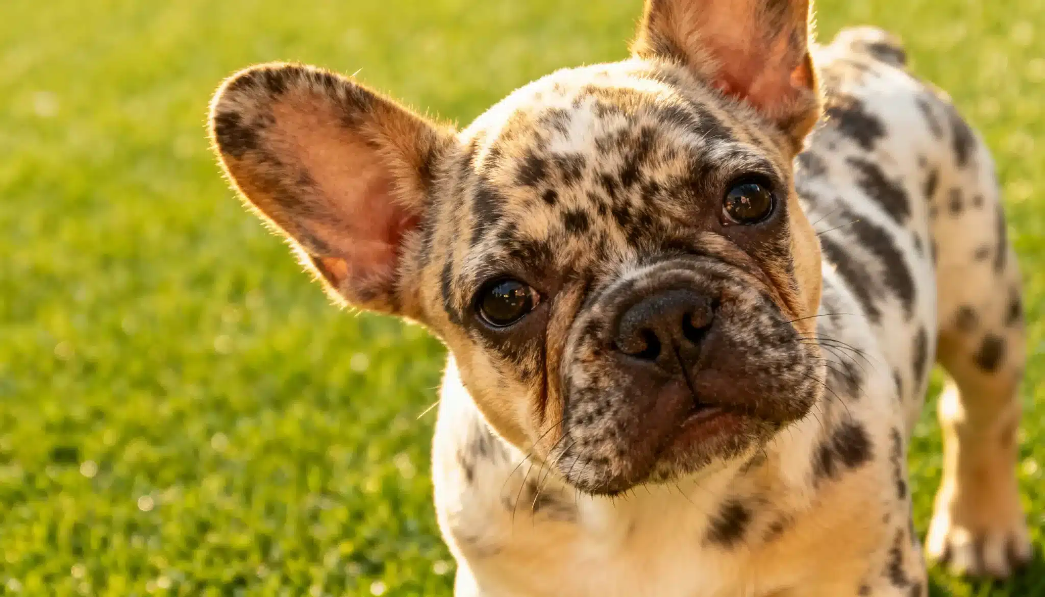 A small chocolate merle French bulldog on a vibrant green lawn, showcasing its distinctive coat and playful stance