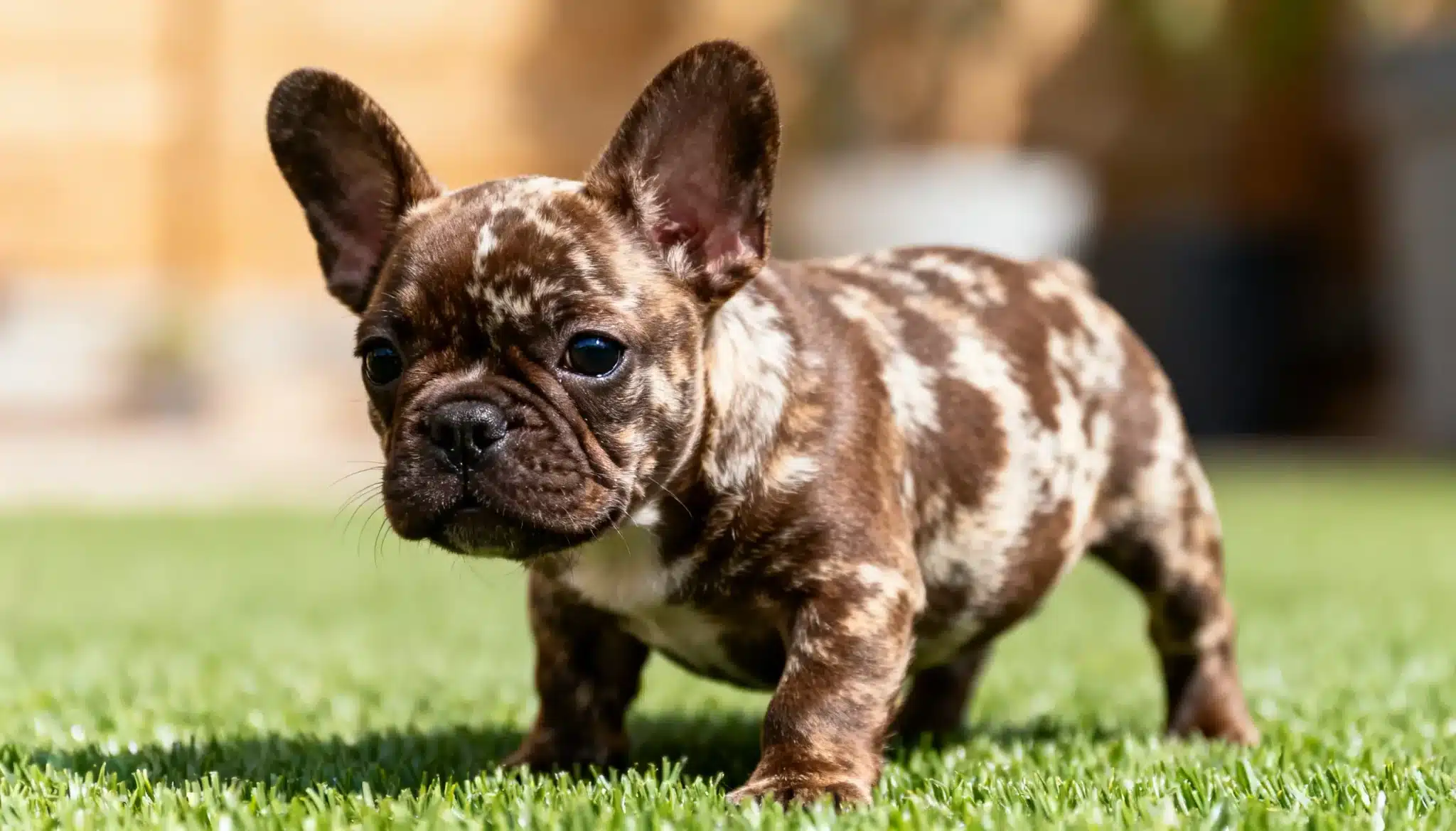 A small chocolate merle French bulldog puppy stands on green grass, showcasing its brown and white coat