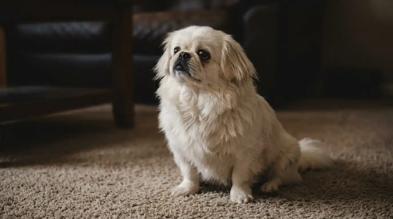 A white dog sitting on the floor of a living room, surrounded by furnishings and lighting