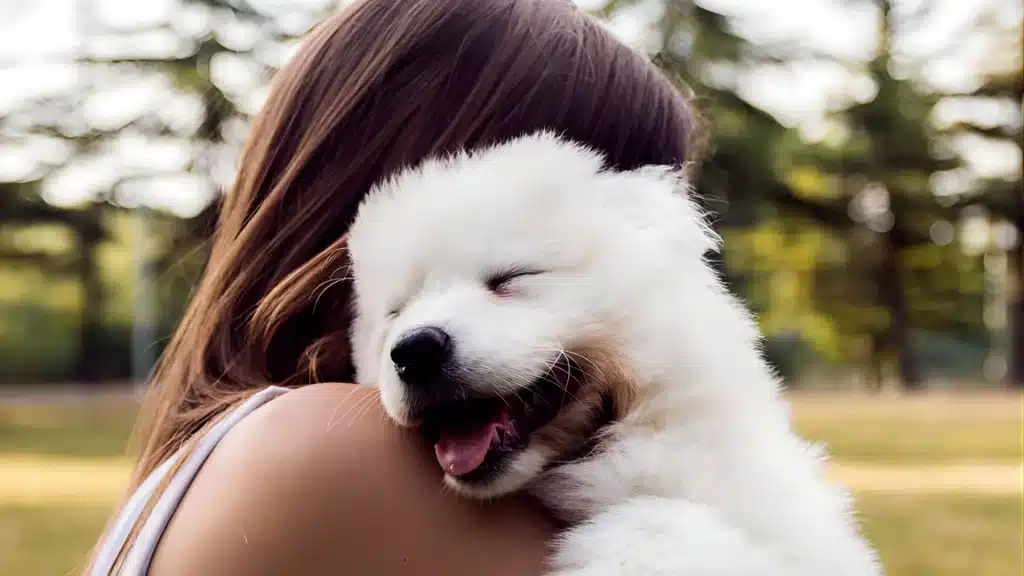 A woman cradles a white dog in her arms, showcasing a moment of affection between them.