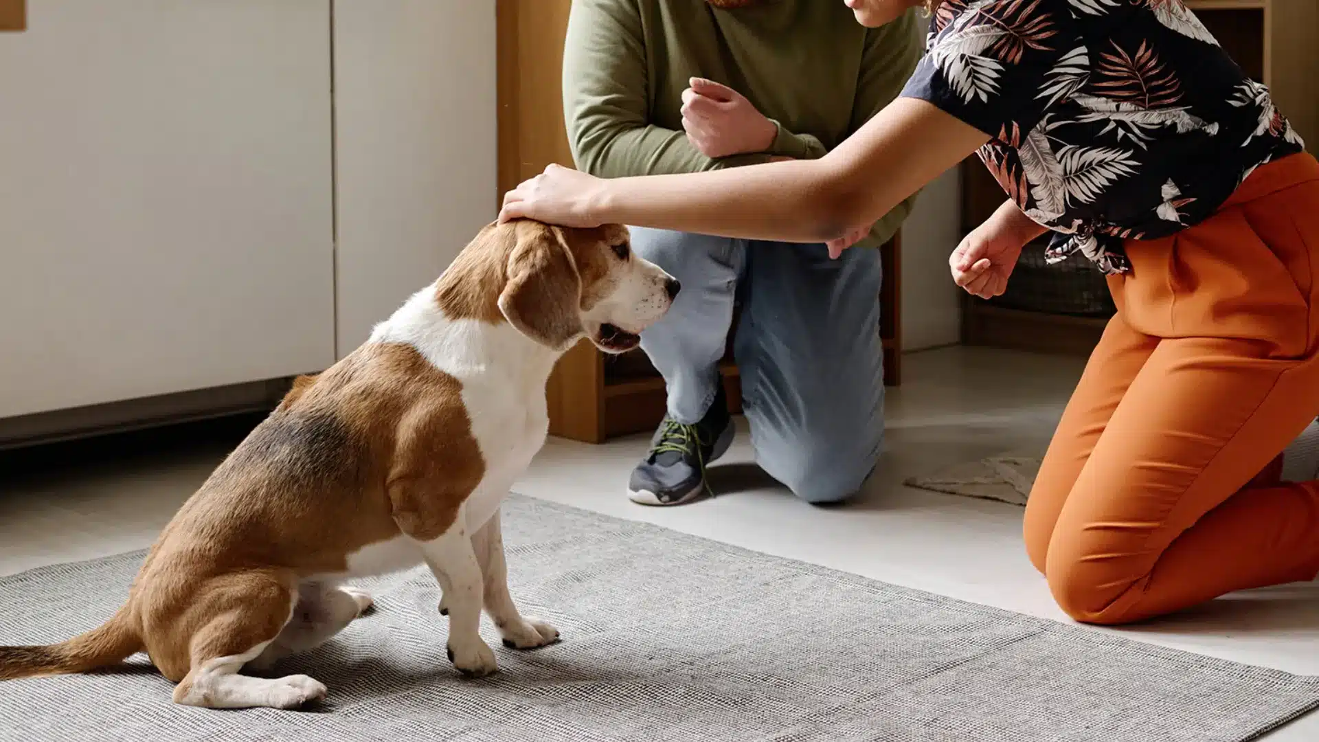 A woman is petting her dog on a mat, engaging in home dog training activities