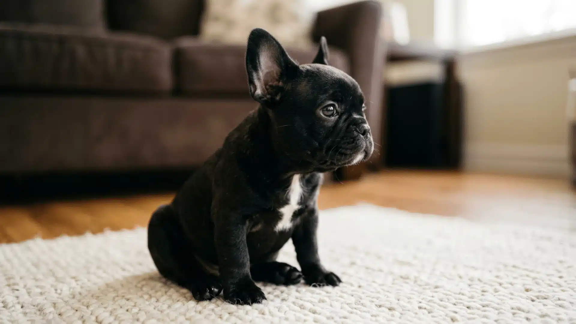 Black French Bulldog puppy sitting on a rug indoors, looking sideways with alert ears and calm expression