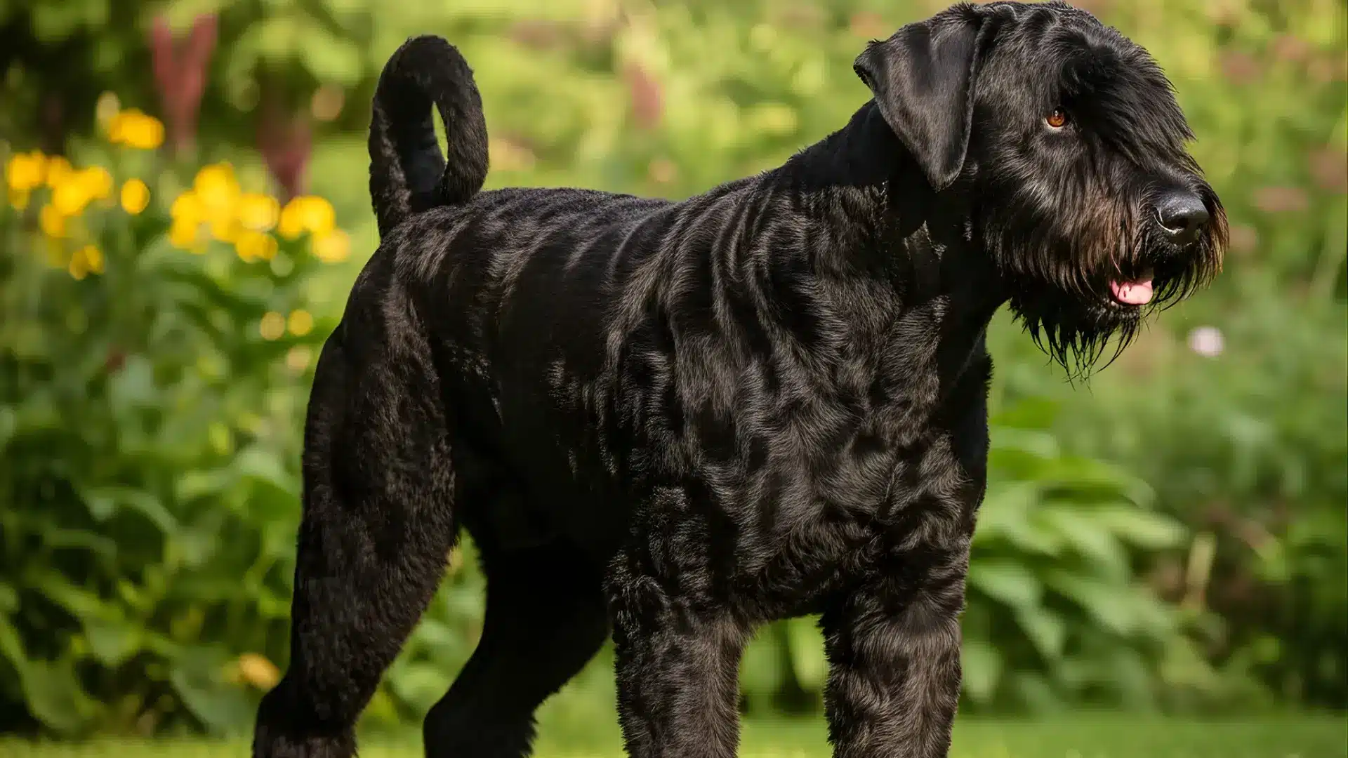 Black Russian Terrier standing alertly in a sunny garden with blurred yellow flowers in the background