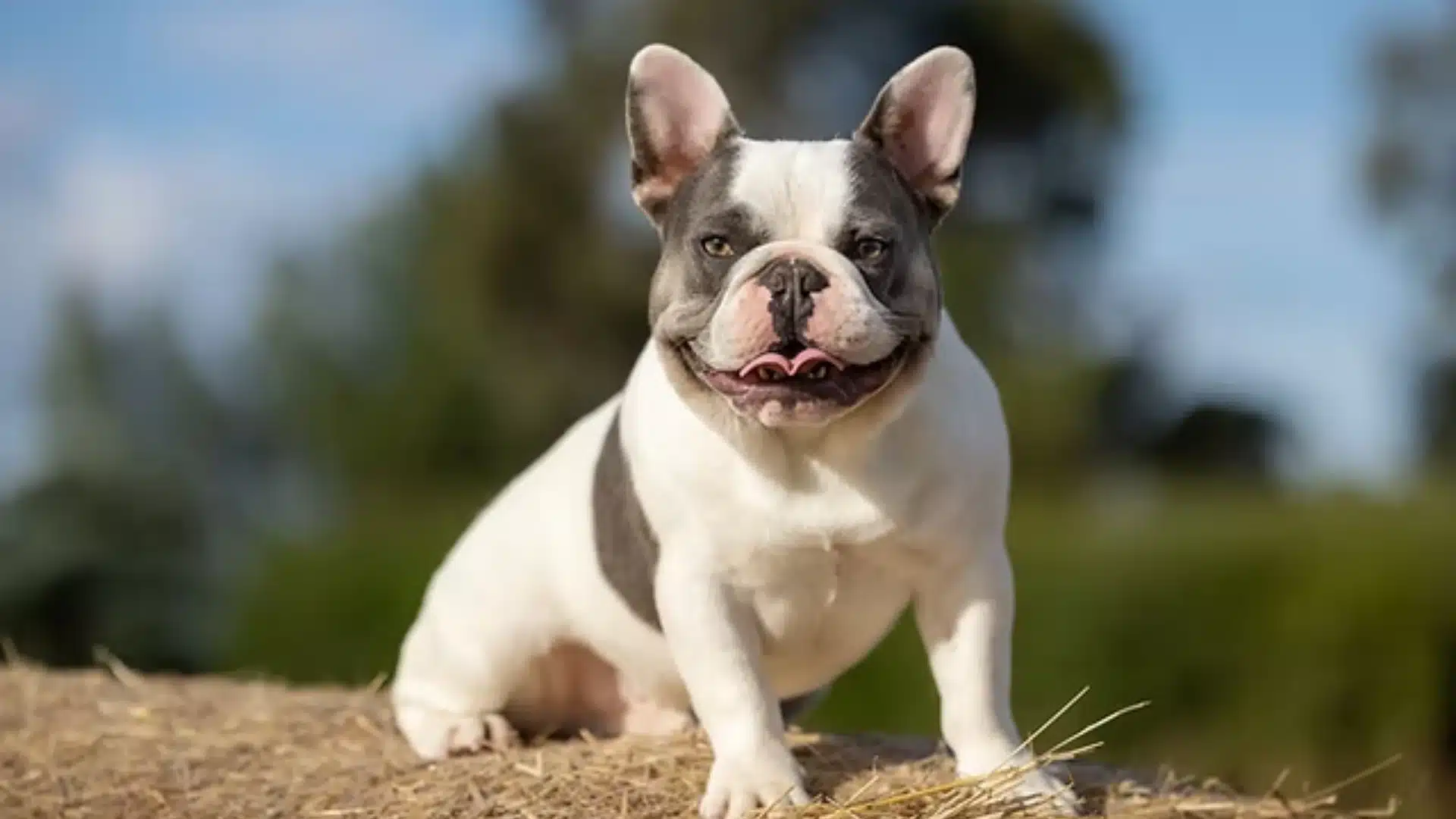 Blue and white French Bulldog smiling while sitting outdoors on a bale of hay with a blurred green and blue background