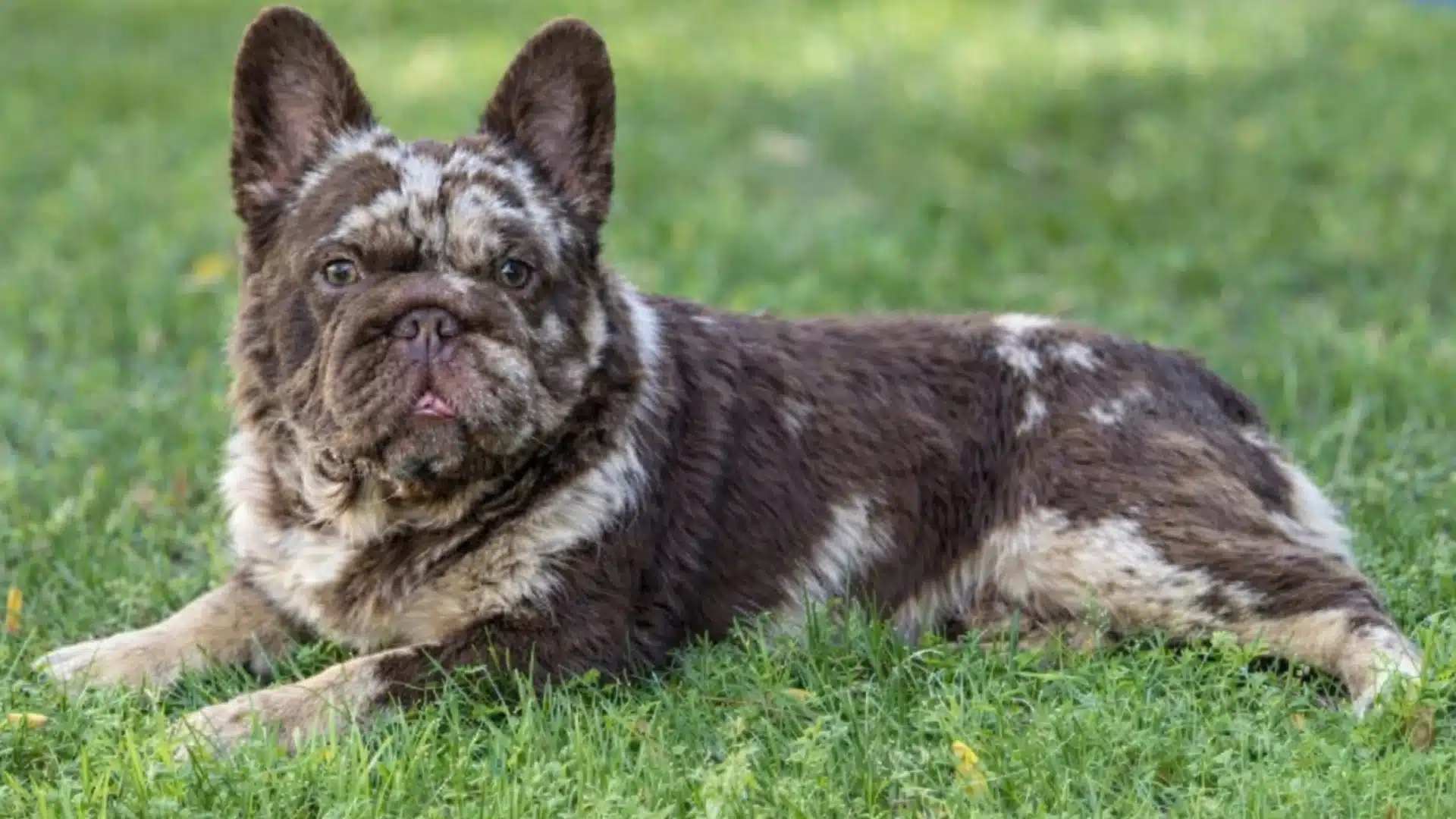 Chocolate Merle French Bulldog with brown and tan mottled fur lies down on vibrant green grass outdoors.