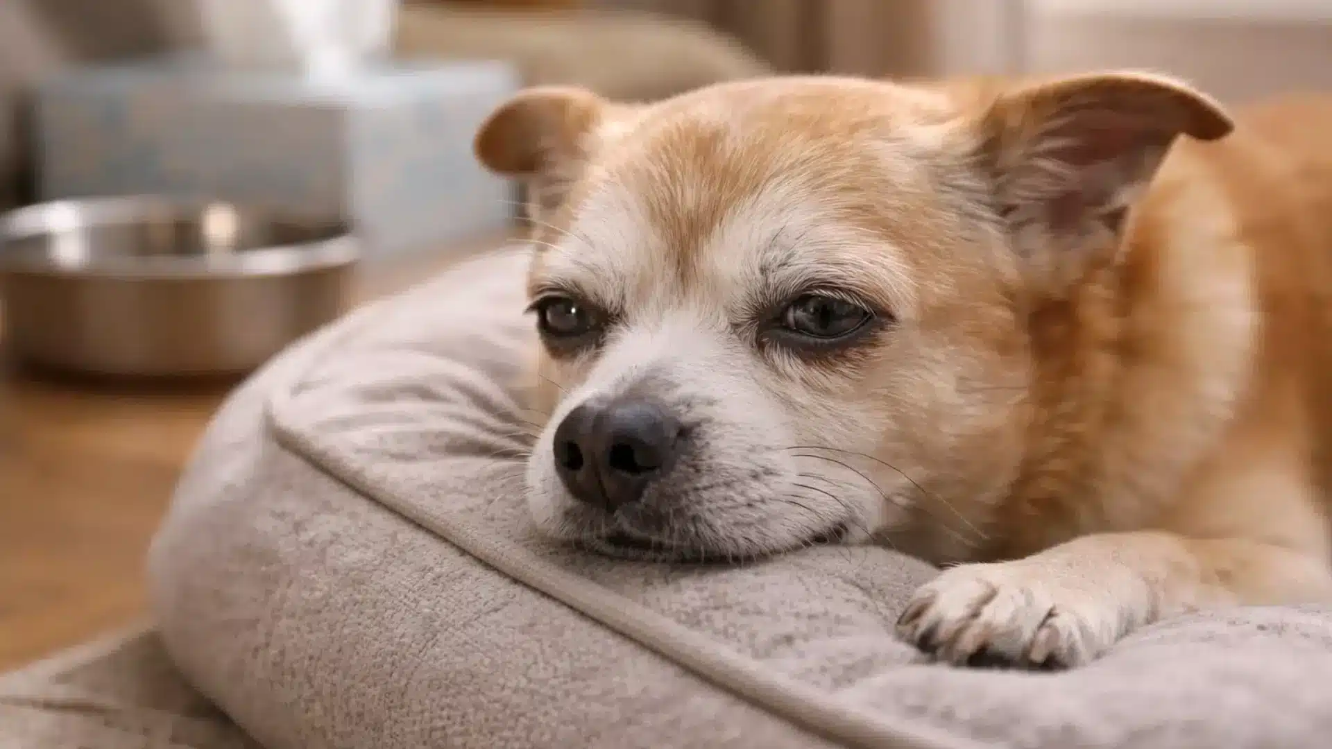 Close-up of a small, light brown and white dog resting its head sadly on a soft, gray dog bed with a metal bowl blurred in the background.