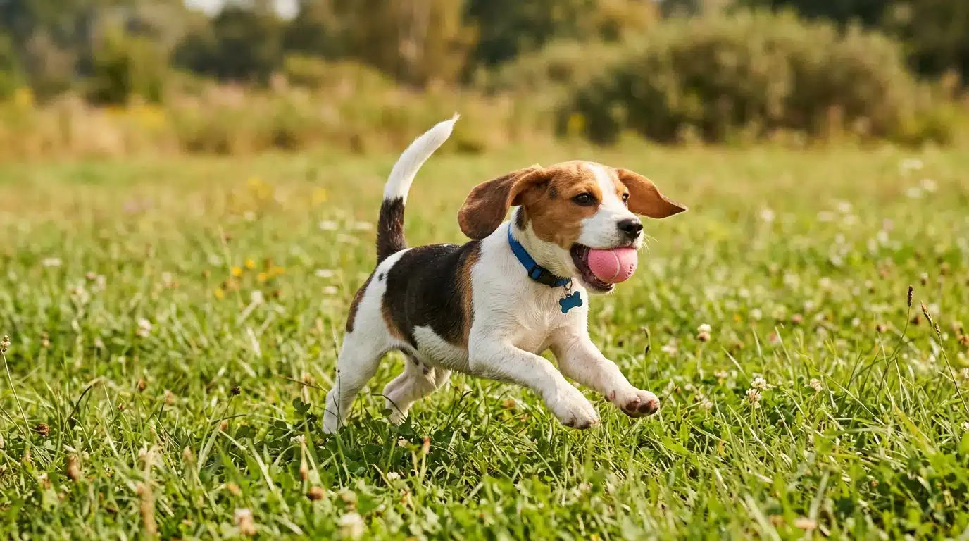 Energetic Beagle puppy wearing a blue collar runs through a field of tall green grass while carrying a pink ball in its mouth