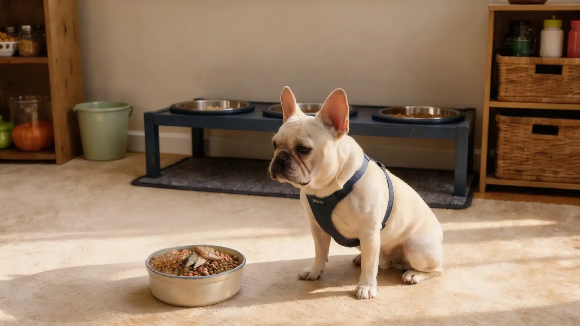 French Bulldog sitting beside a food bowl with vegetables and kibble in a clean indoor feeding area