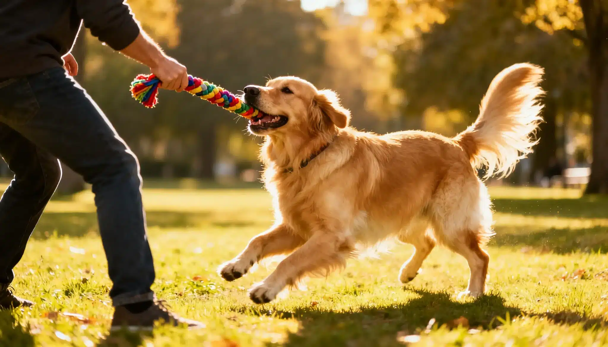 Golden retriever playing tug of war with owner in sunny park, showing joy and bonding, why do dogs like tug of war.