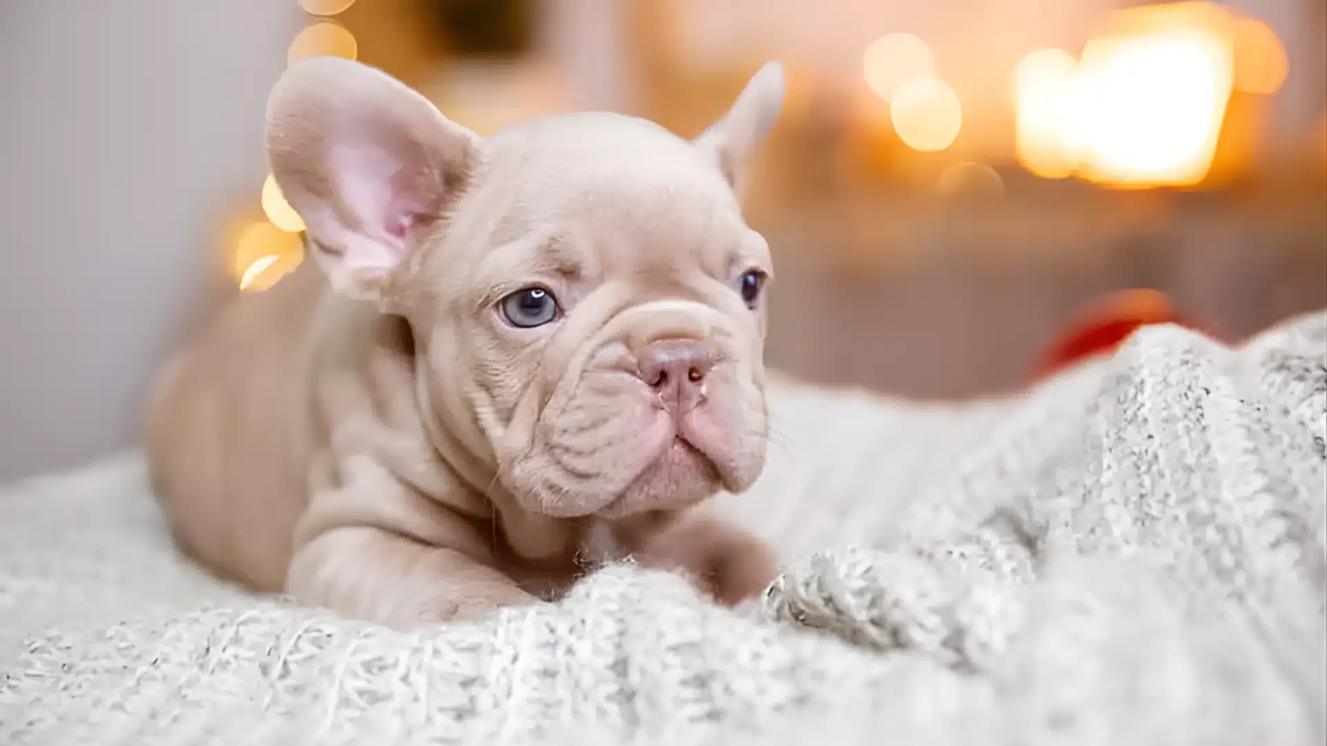 Isabella French Bulldog puppy with blue eyes rests on a white knitted blanket with warm, out-of-focus bokeh lights in the background