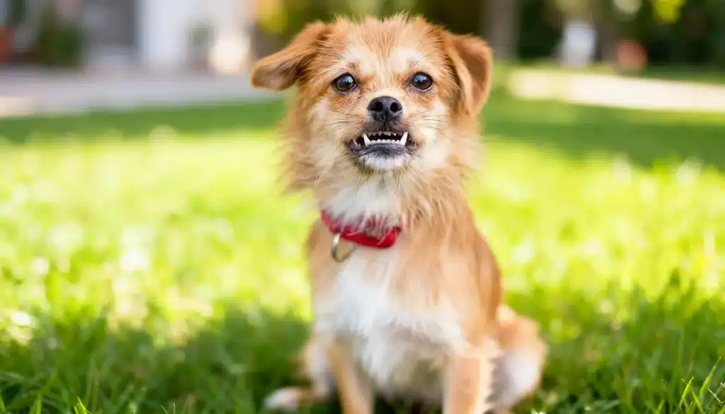 Small, fluffy, light brown dog with underbites wearing a red collar sitting attentively on bright green grass outdoors.
