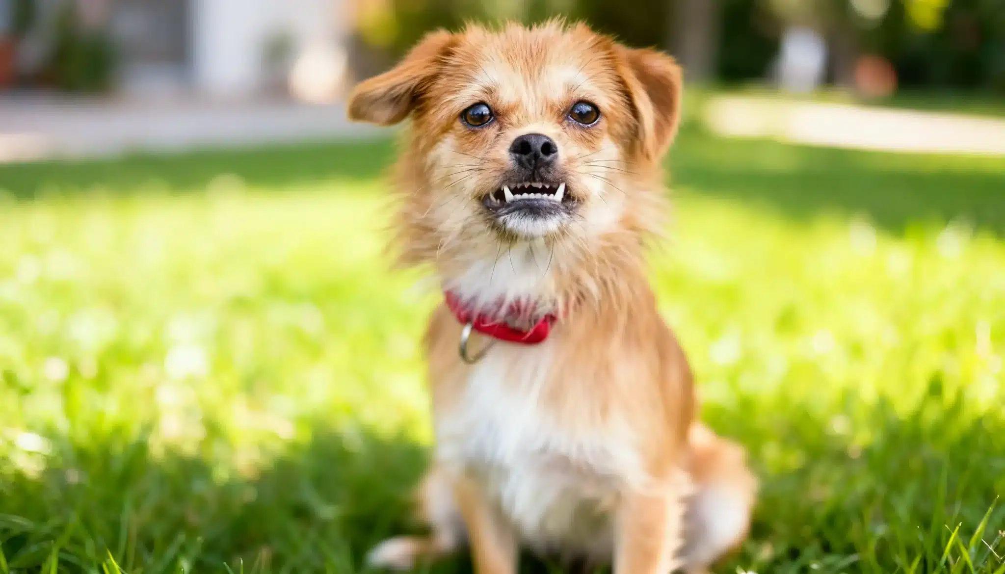 Small, fluffy, light brown dog with underbites wearing a red collar sitting attentively on bright green grass outdoors.