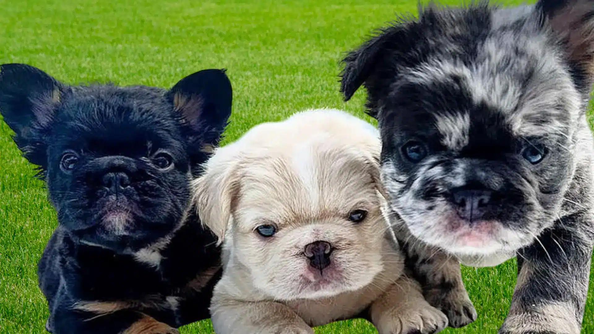 Three long hair French Bulldog puppies, one black, one cream, and one blue merle, pose closely together on bright green grass