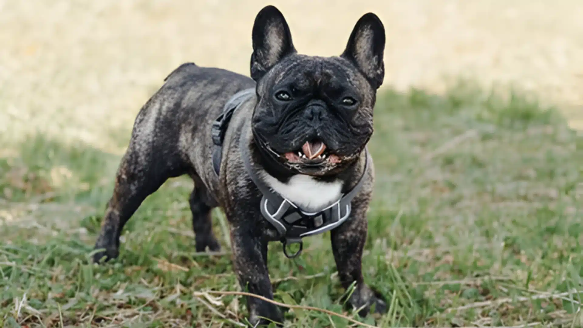 Tiger Brindle French Bulldog wearing a gray harness stands alertly on grassy ground with a blurred, light background