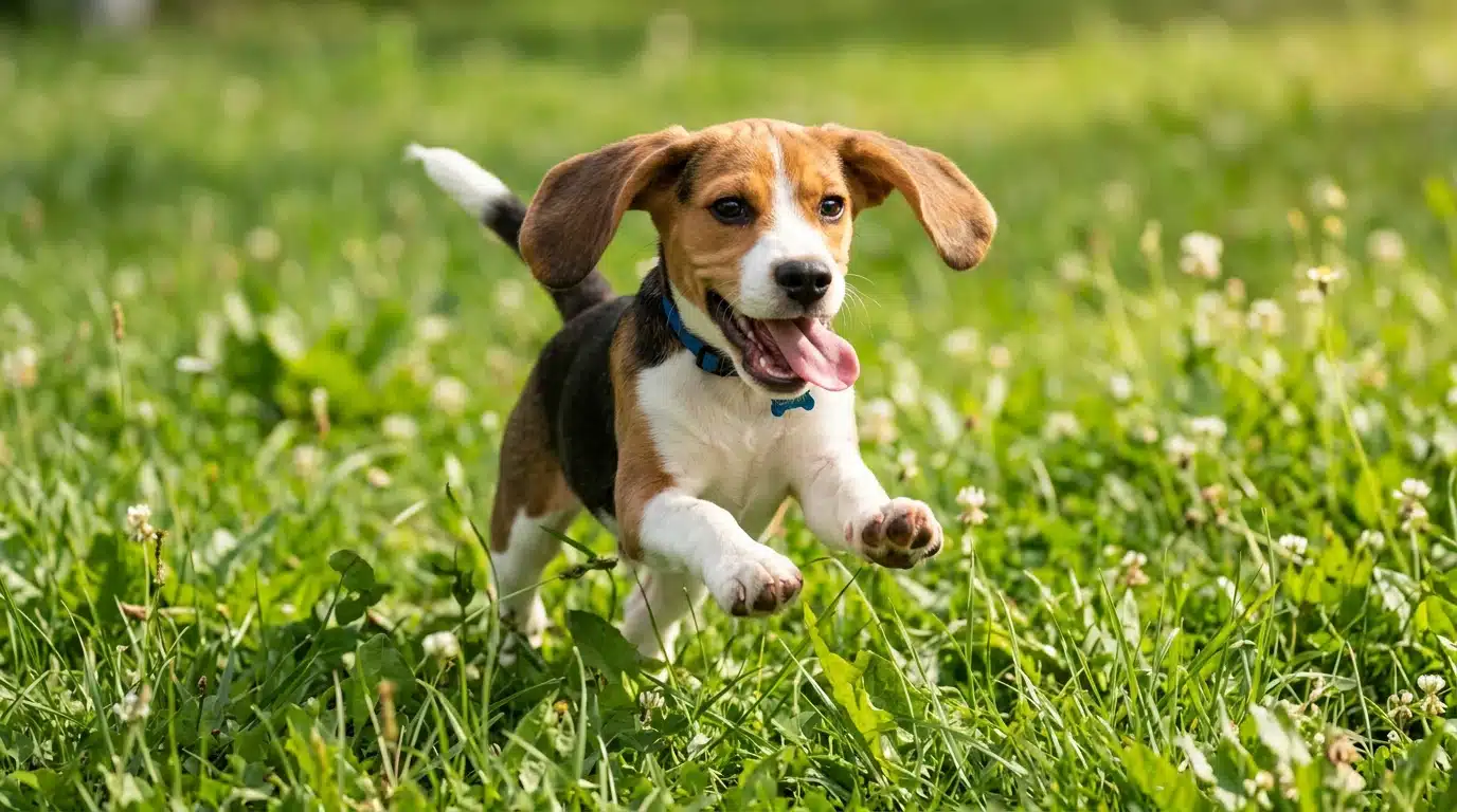 Tricolor Beagle puppy wearing a blue collar runs joyfully through a field of bright green grass and small white clover flowers