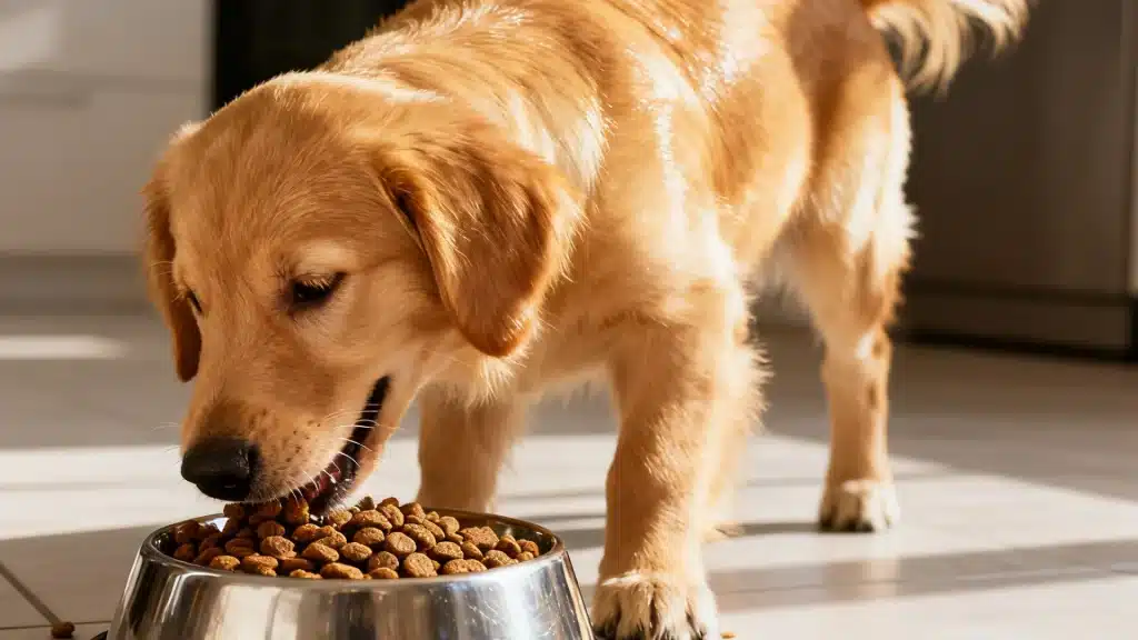 A dog happily eating from a bowl placed on the floor, surrounded by a cozy home environment.