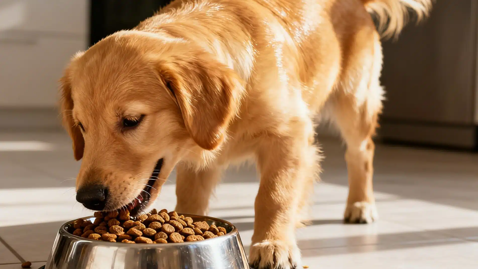 A dog happily eating from a bowl placed on the floor, surrounded by a cozy home environment.