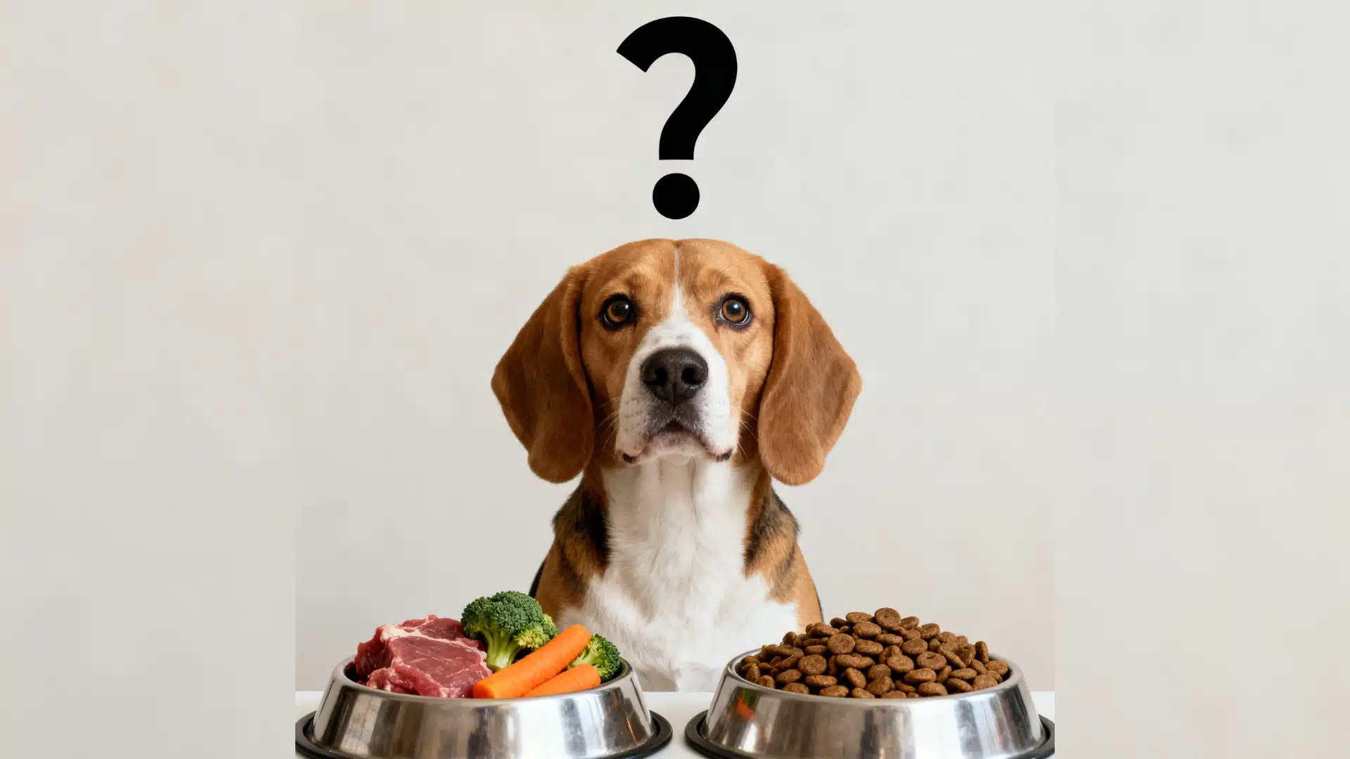 A dog sits in front of two bowls filled with food, looking expectantly at the bowls.