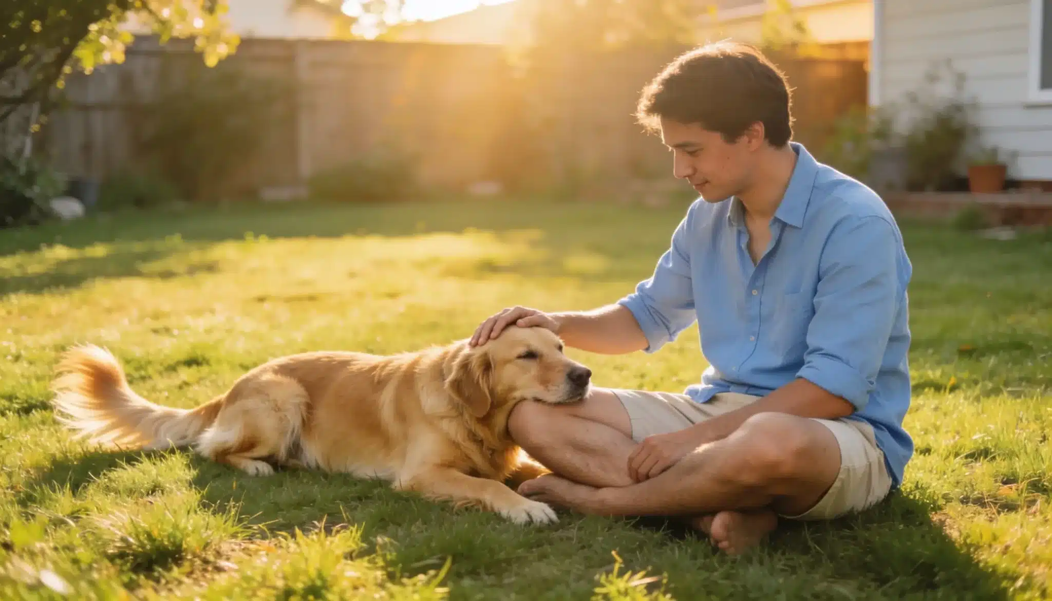 A man in a blue shirt gently strokes a relaxed Golden Retriever lying on lush green grass in bright golden hour sunlight