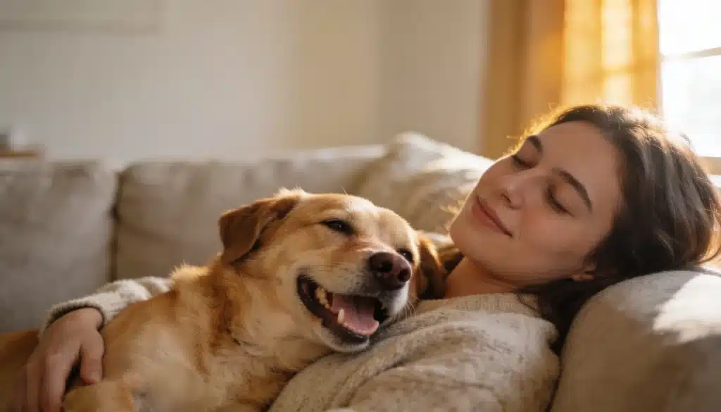 A young woman with closed eyes smiles peacefully while cuddling a happy panting golden brown dog on a cozy couch bathed in warm sunlight