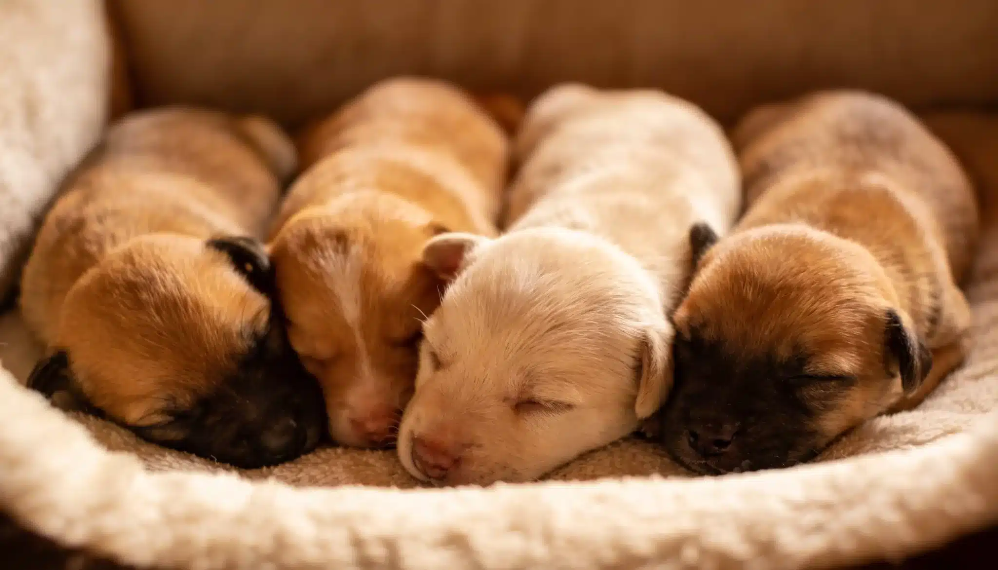 Four newborn puppies mostly tan and brown with one light cream puppy sleep closely together in a soft fuzzy bed
