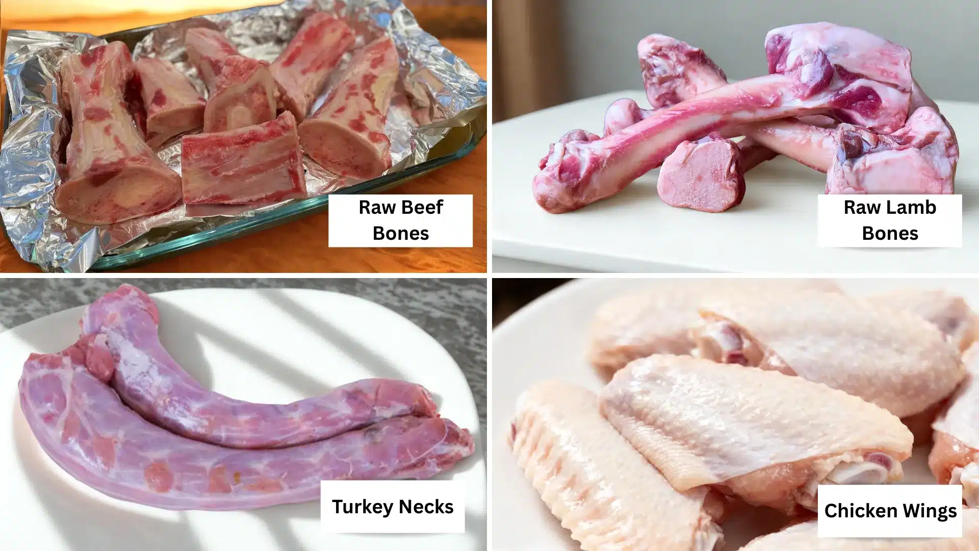 Four-panel image showing raw beef bones, raw lamb bones, turkey necks, and raw chicken wings, likely for pet food or broth preparation
